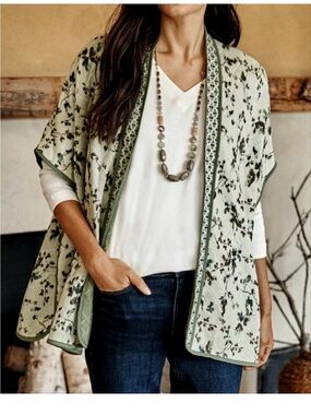 J. Jill Sage Green Floral Quilted Shawl Cardigan